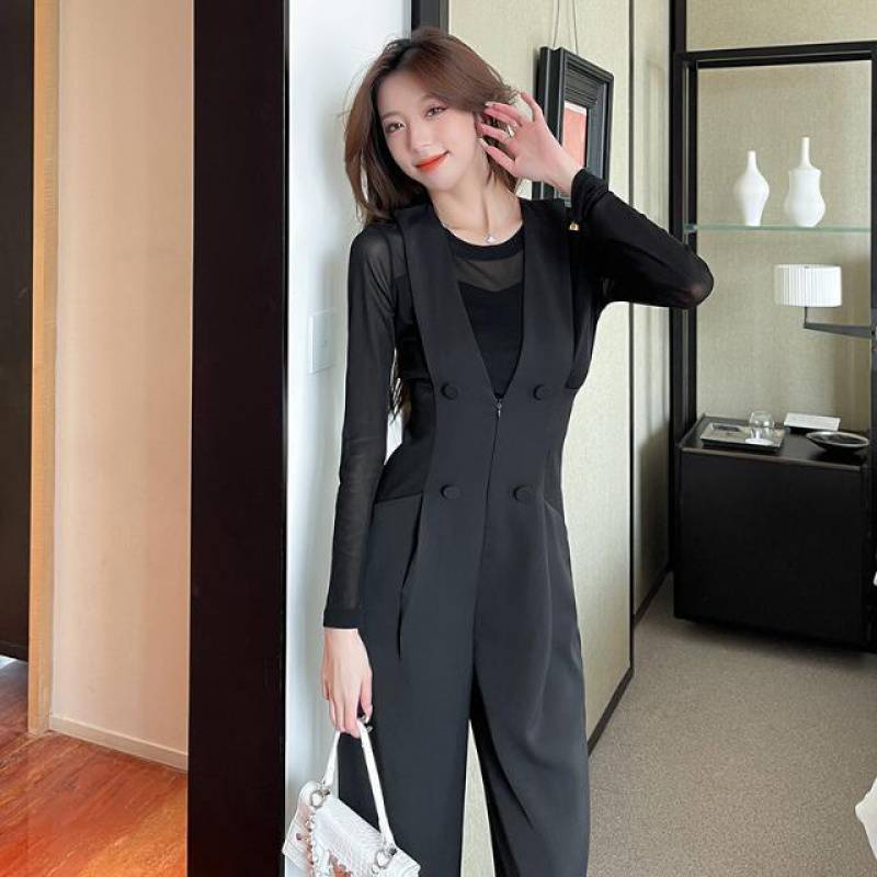 Fashionable Suspender Pants Fitted High Waist Wide-leg Suit Jumpsuit