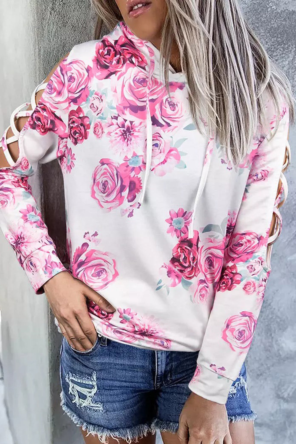 Sudadera con capucha y cordón cruzado floral